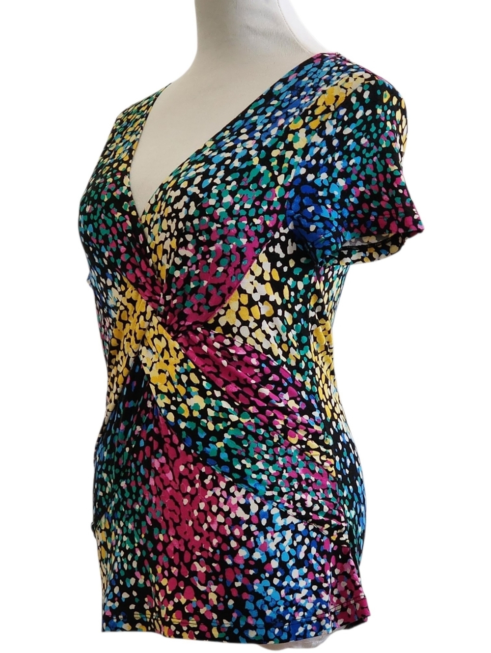 Cable & Gauge black multicolor v-neck twist-front short sleeve top sz lrg - Picture 6 of 13